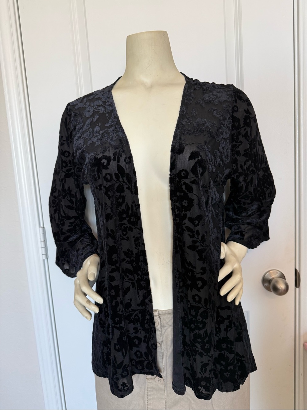 Espresso Sheer Floral Print Flocked Velvet Cardigan Kimono